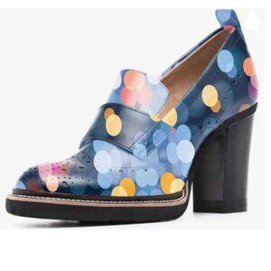 YDN Blue Print Polka Dot Chunky High Heels Round Toe Oxford Loafer Dress Pump